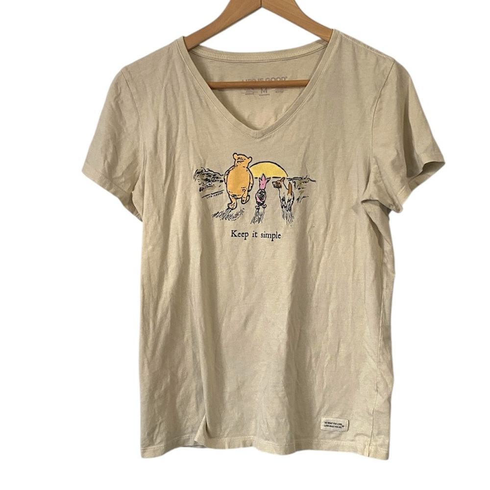 LIFE IS GOOD Crusher V Neck Keep it Simple Pooh Piglet Cream Graphic T-Shirt M